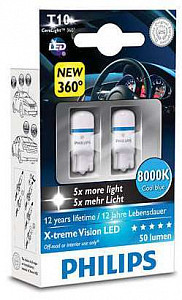 Автолапма W5W 12V-5W X-treme Vision LED (8000K/55lm/105C) (2шт) - фото 